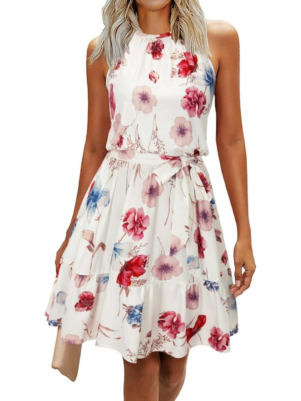 Women's White Floral Fashion Summer Halter Dresses Sleeveless Ruffle Sundress